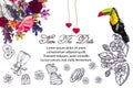 Sketch illustration - card with a frame of drawings of flowers, gift, rings, glasses, hearts. Toucan Tropical Bird